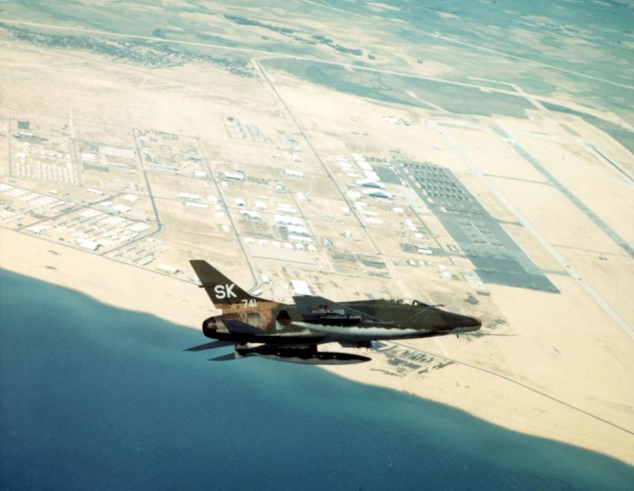 F-100C of the 188th Tactical Fighter Squadron, New Mexico Air National Guard, pictured flying over the Tuy Hoa Air Base, South Vietnam in 1968. 