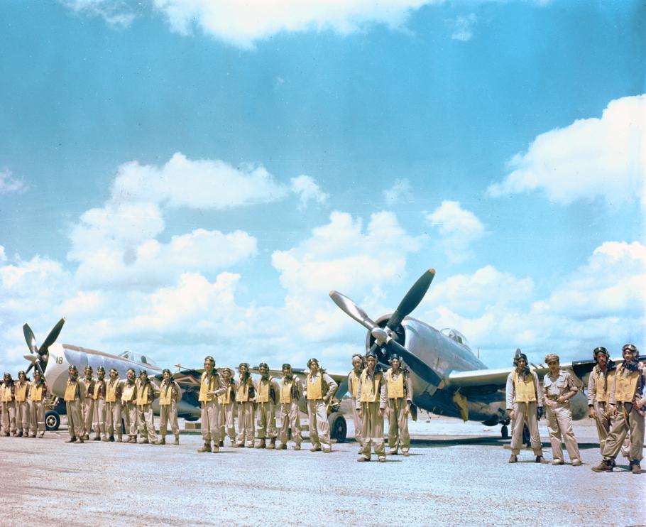 Mexican pilots of 201 Squadron pose in front of their P-47 Thunderbolts