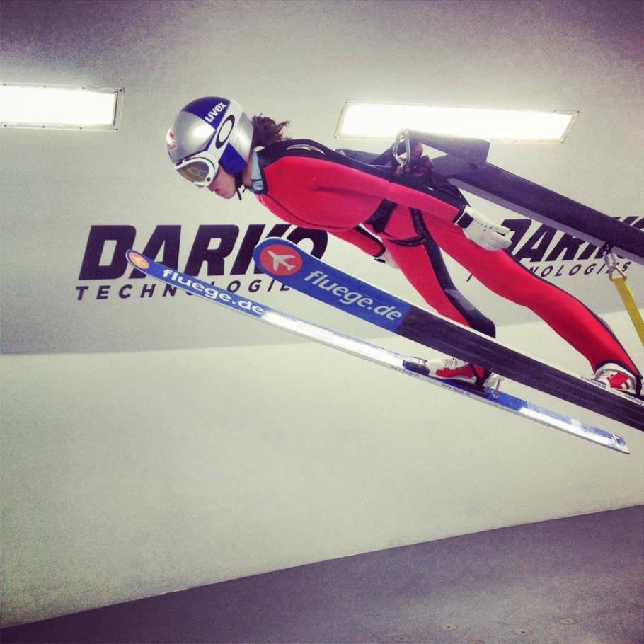 Team USA ski jumper Sarah Hendrickson training in a wind tunnel, 2014.