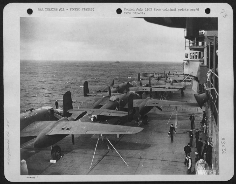 North American B-25 Mitchell Bombers on the deck of the U.S.S. Hornet in route to attack Japan. 