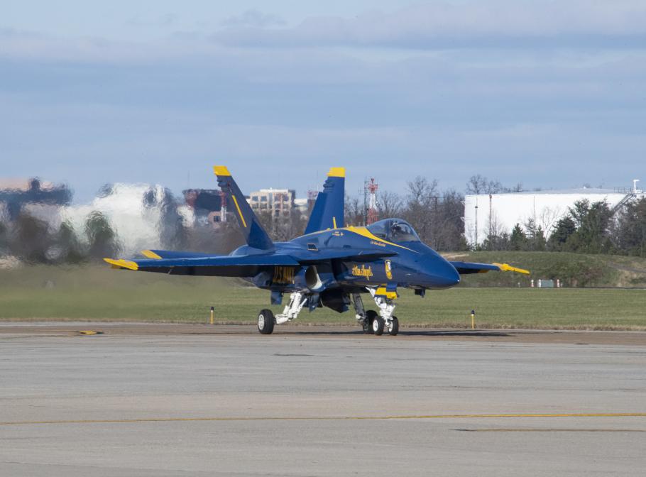Blue Angels F/A-18C Hornet taxis after landing at Dulles International Airport