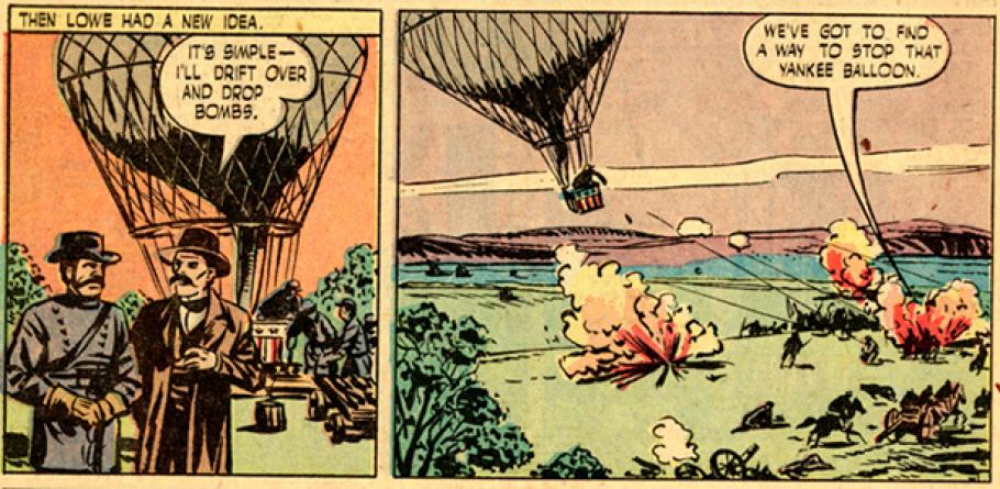 Colorful comic book rendition of balloon in combat. 