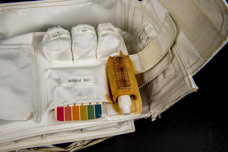 Detail view of the leaky nasal emollient on the interior of the Apollo 11 medical accessory kit. 