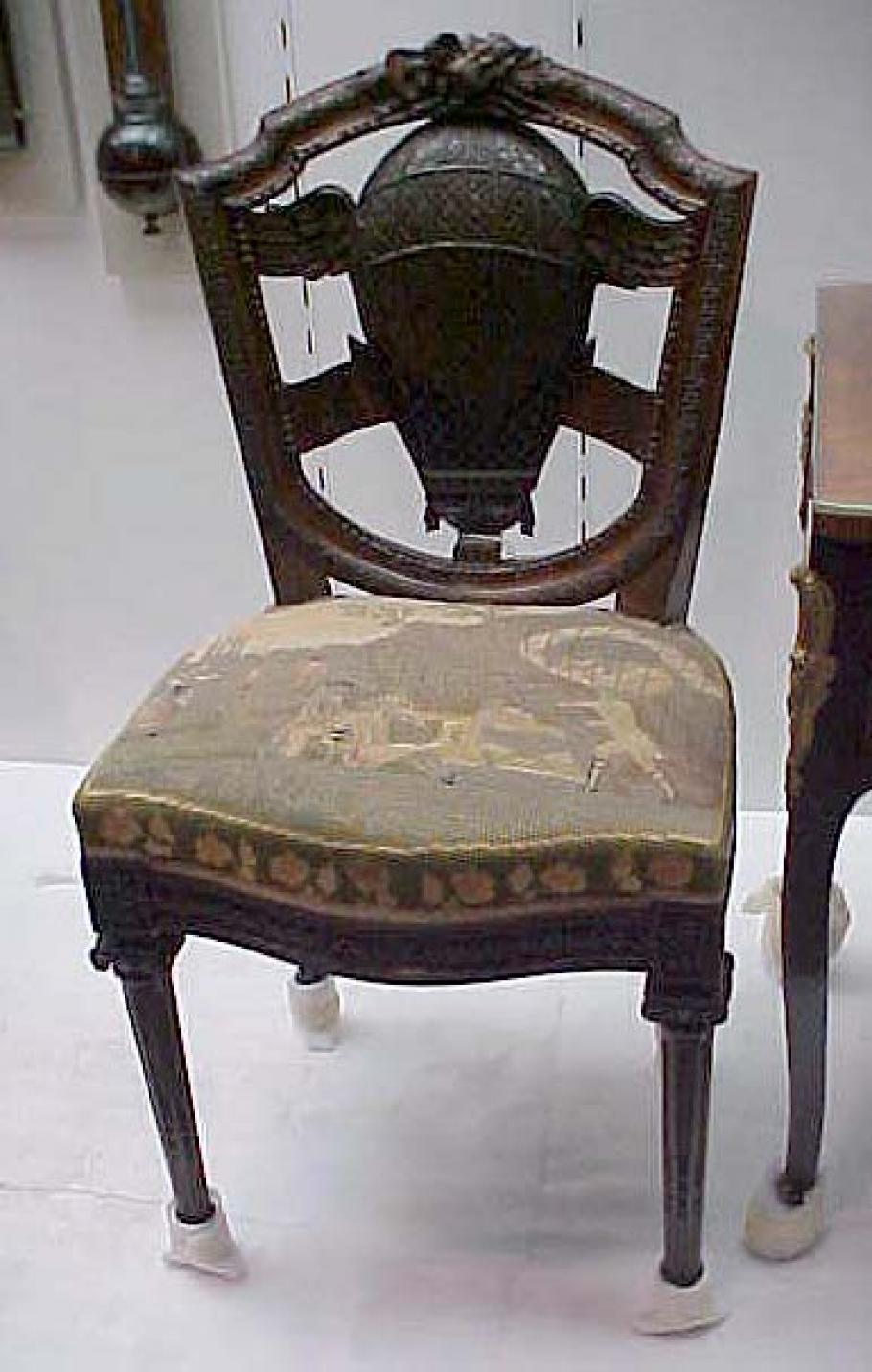 Wooden chair with needlepoint embroidered upholstery of balloon 