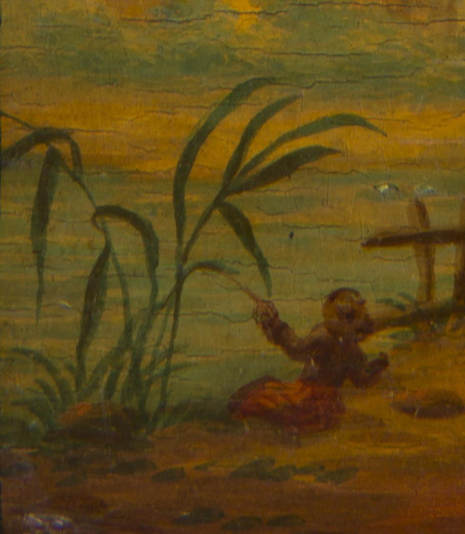 Detail of balloon dance card, showing fisherman on the bank of a river.