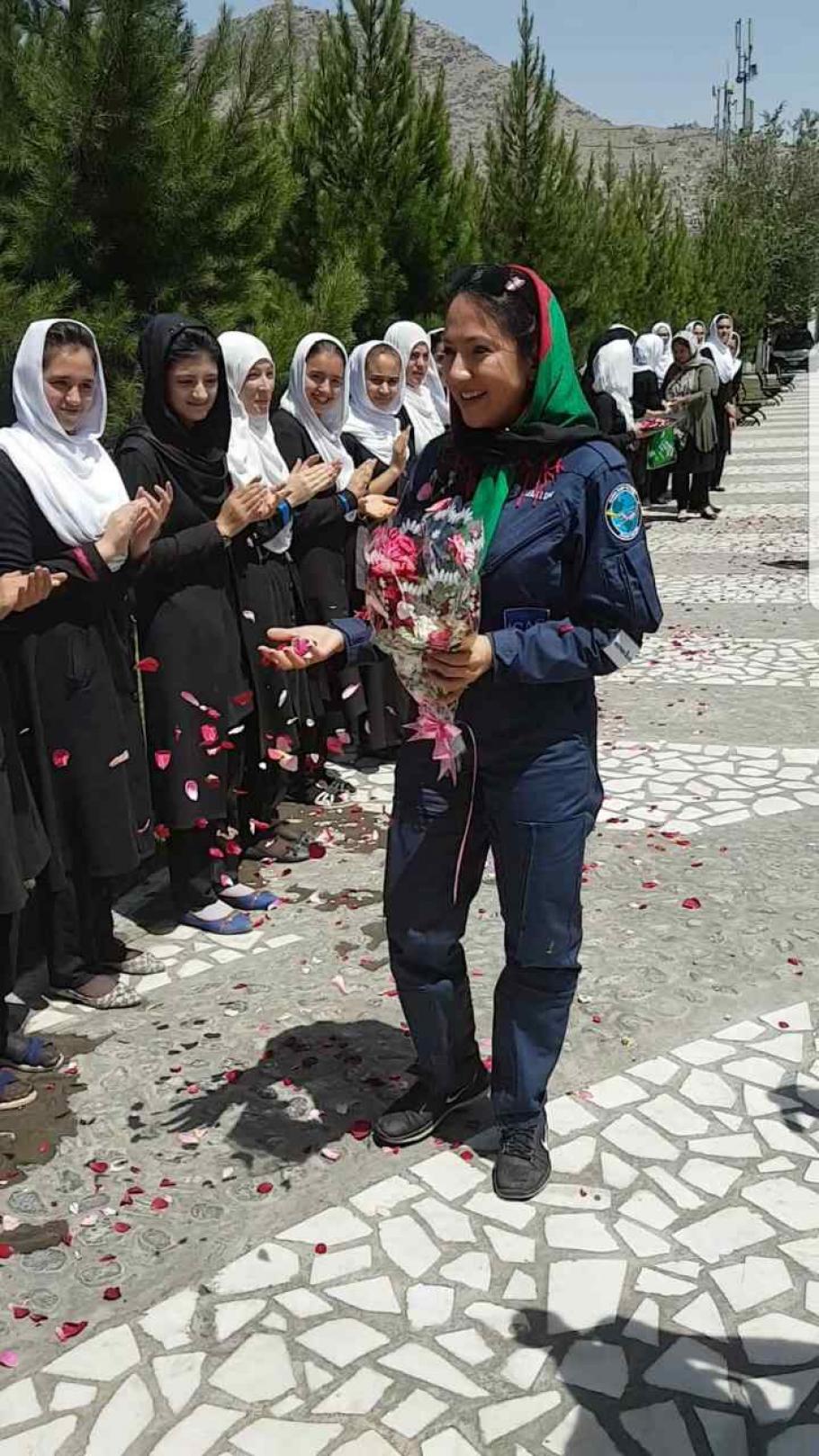 Shaesta returning to Kabul, Afghanistan, after her record-breaking flight.