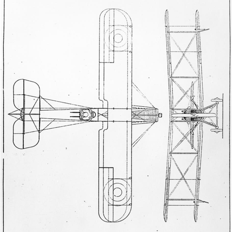 A line drawing of a biplane