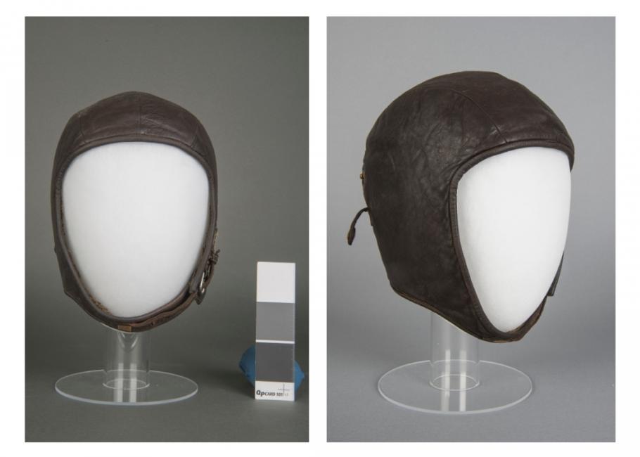 Helmet, Flying, Anne Morrow Lindbergh. Front (left) and proper right side (right)