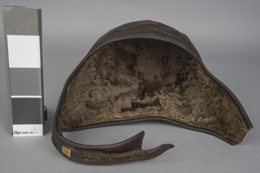 Figure 4: Interior of Anne Morrow Lindbergh’s leather flight helmet. The taupe faux fur completely lines the helmet interior to provide comfort and insulation.