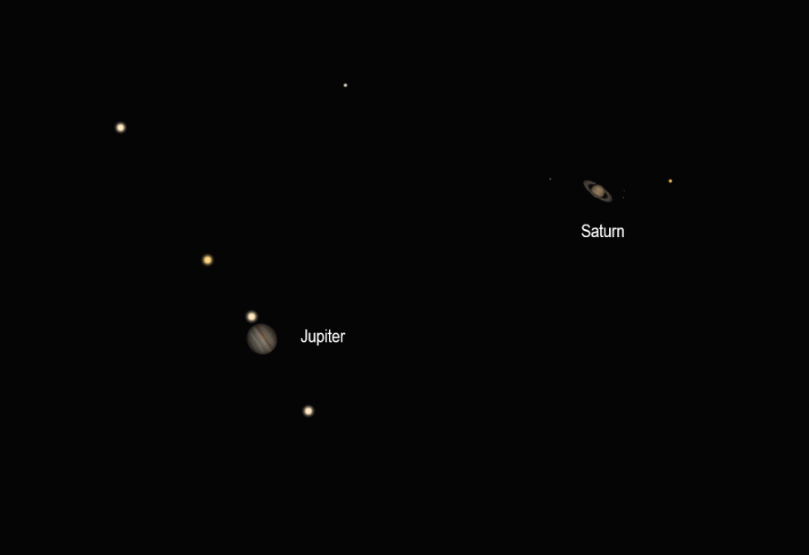 Illustration of Jupiter and Saturn during the great conjunction of 2020