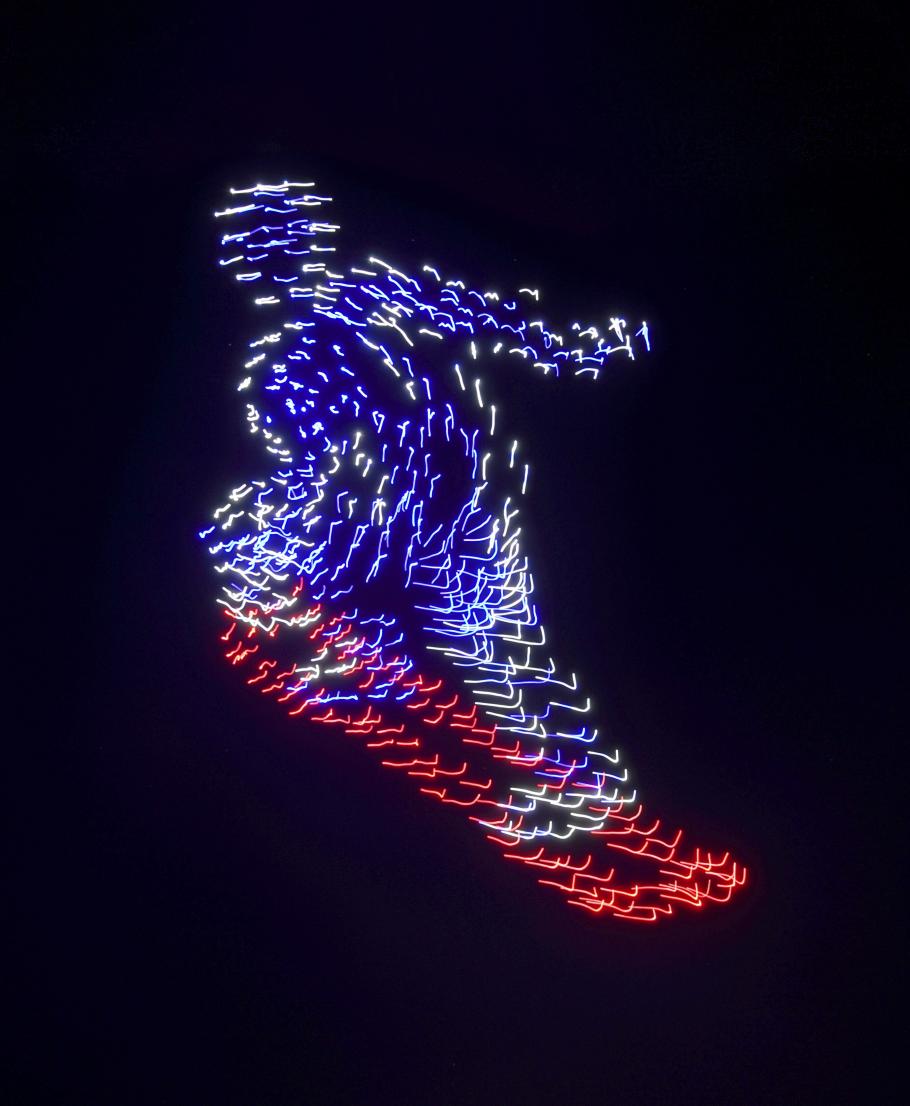 Drones in motion, animated as a snowboarder, as part of the opening ceremonies for the 2018 Winter Olympics. 