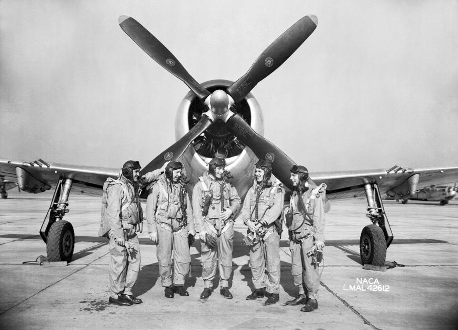 In 1945, test pilots Mel Gough, Herb Hoover, Jack Reeder, Steve Cavallo, and Bill Gray stand in front of a P-47 Thunderbolt.