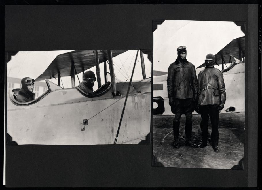 Two photos of men and an aircraft from a scrapbook