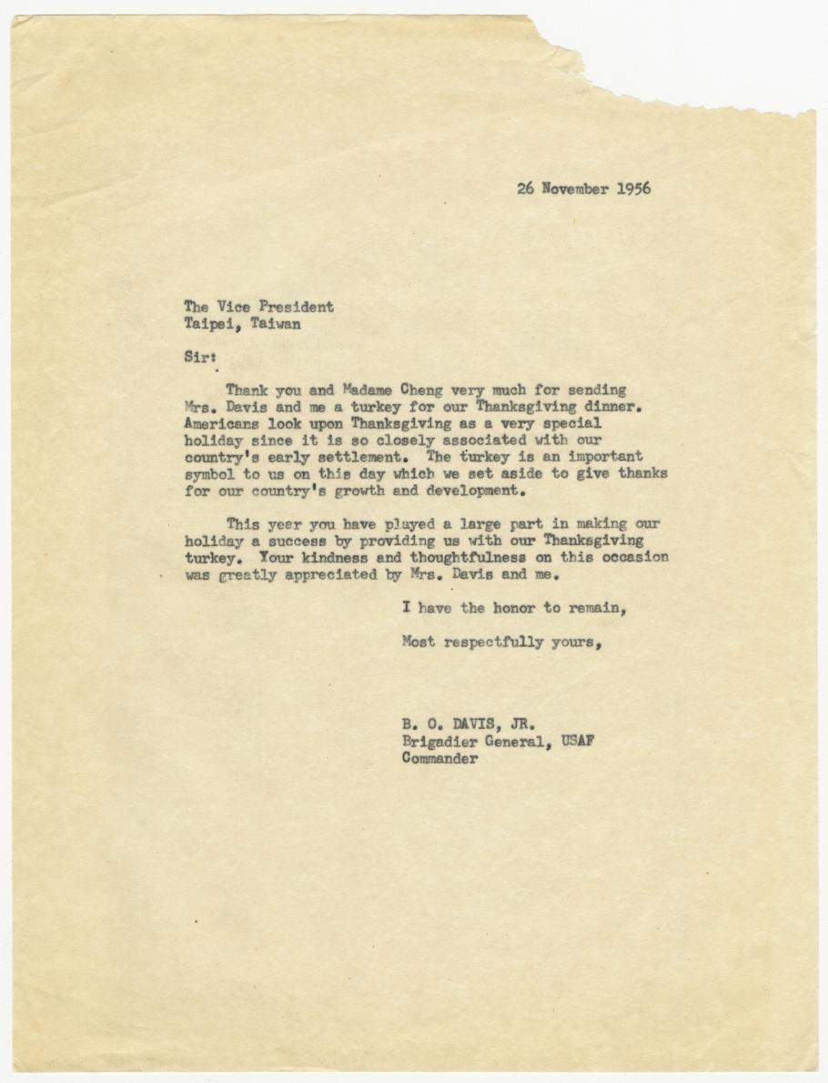 1956 Thank You Letter from Benjamin O. Davis