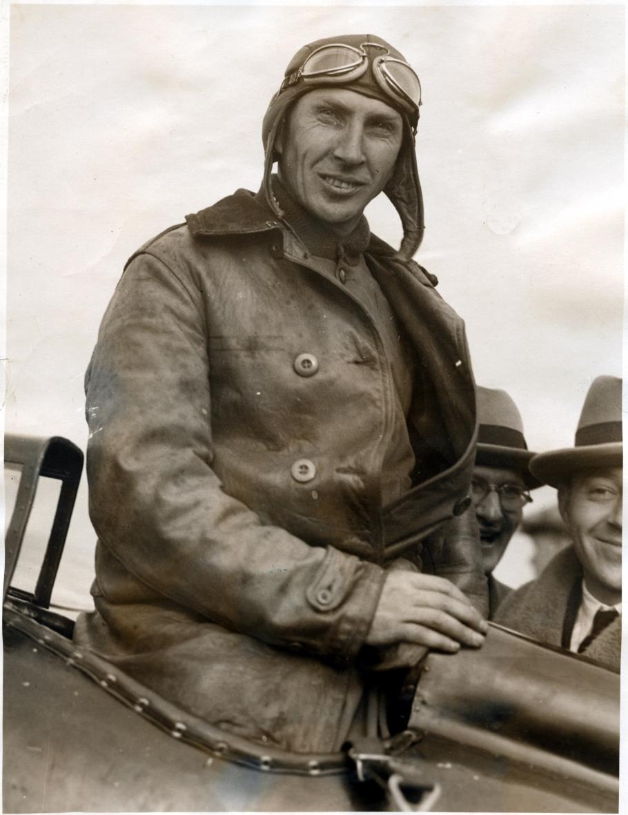 Close-up view of Cyrus Bettis in the cockpit of the Curtiss R3C-1 Racer after winning the Pulitzer Trophy at the 1925 National Air Races