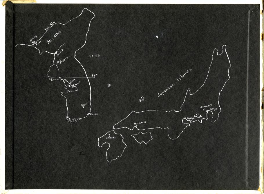 Black Scrapbook Page with white ink drawing of Korean Peninsula and Japan