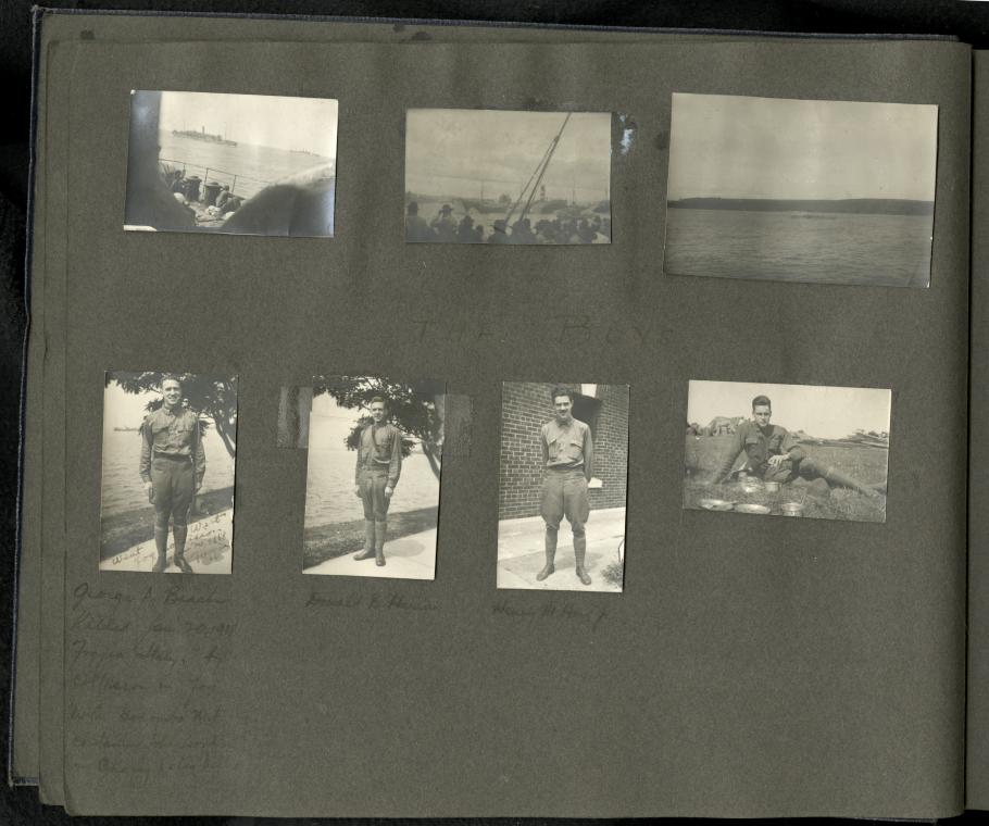 Top Three Photographs from a Ship's Deck, Bottom four photographs of soldiers
