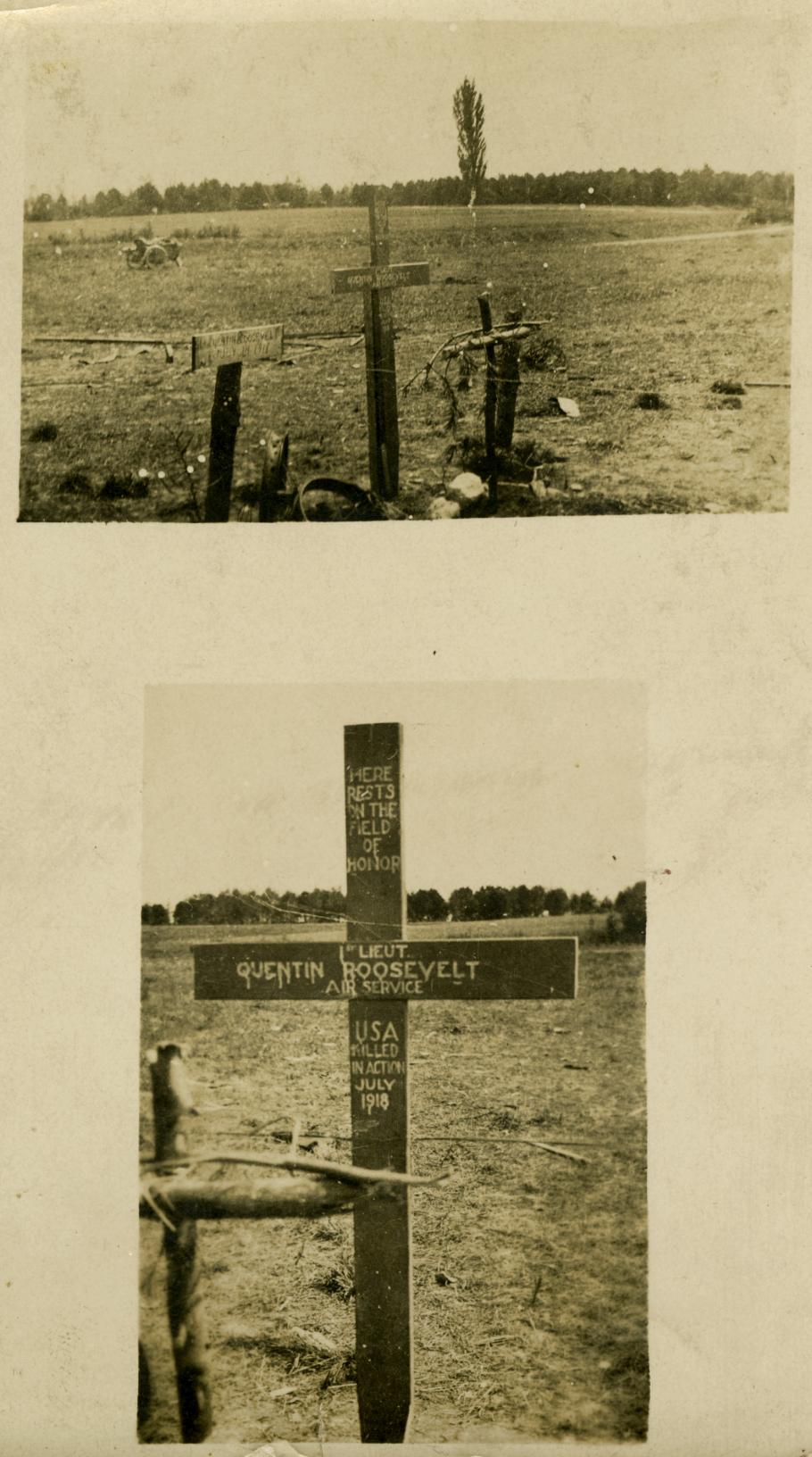 Two Views of gravesite with three crosses