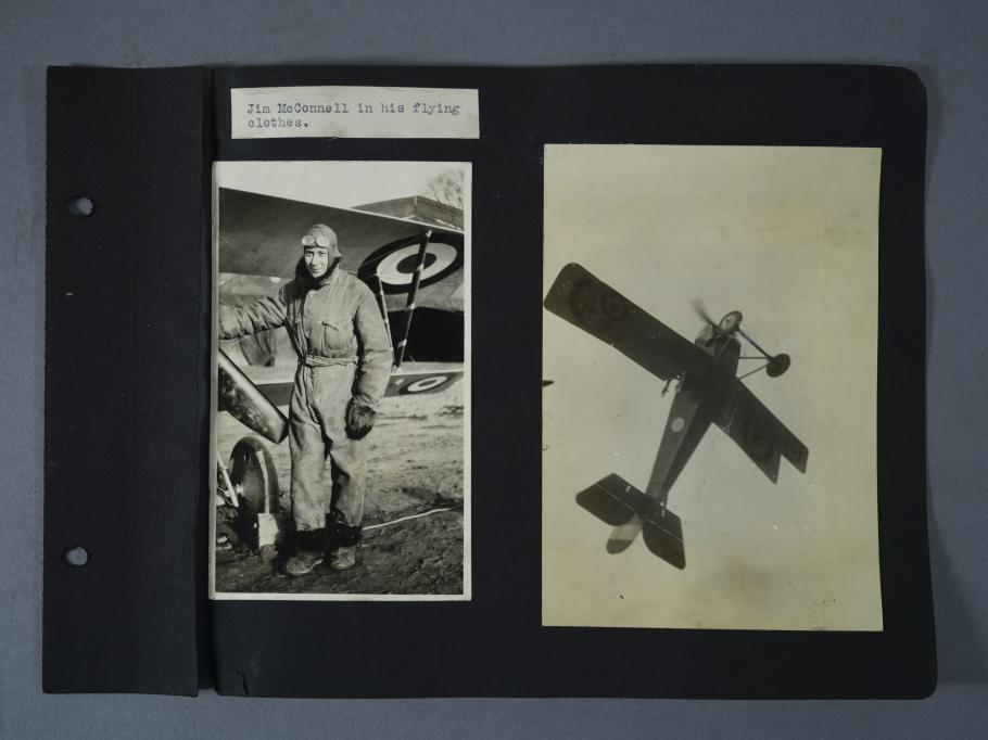 Scrapbook page, portrait on left Nieuport airplane on right