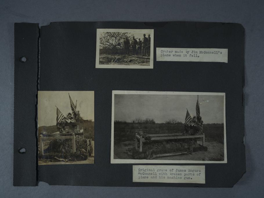Three photographs of a crater and a grave