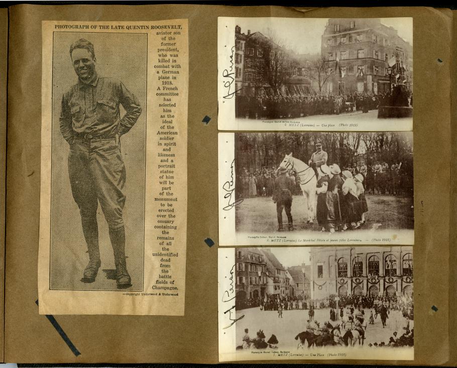 Scrapbook page: photo of Roosevelt on left, three photos of scenery on the right