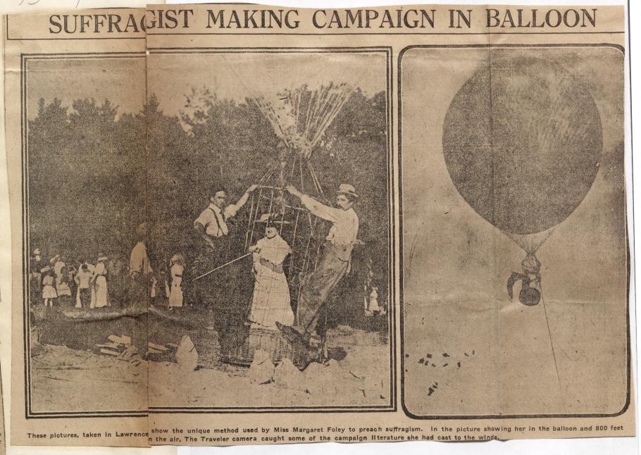 Newspaper clipping Headline: "SUFFRAGIST MAKING CAMPAIGN IN BALLOON" photo on left features three people in the basket of balloon with crowd in back; photo on right balloon in sky paper floating through the air below