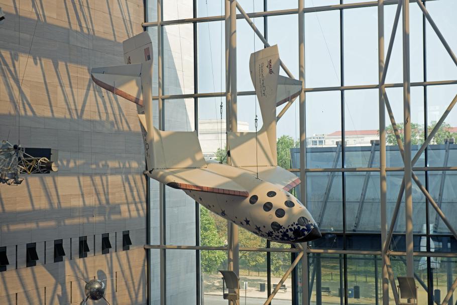 View of SpaceShipOne hanging in its new location in the Boeing Milestones of Flight Hall