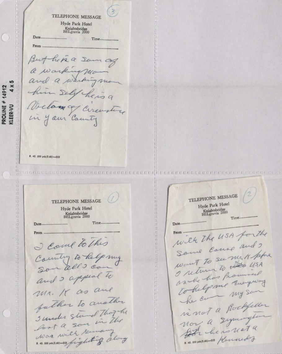 Notes by Oliver Powers on three pieces of Hotel Notepaper