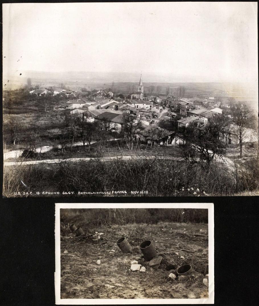 Aerial view of city (top); embedded mortars (bottom)