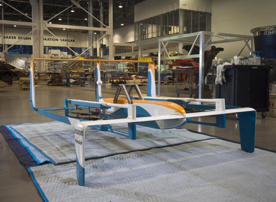 The Amazon Hybrid Delivery Drone in restoration at the Museum’s Steven F. Udvar-Hazy Center. 