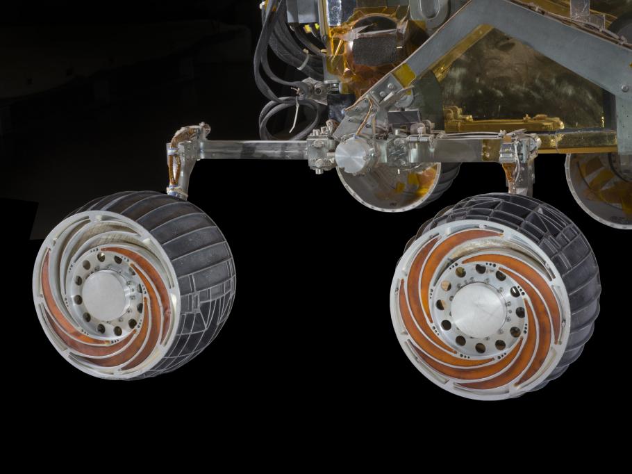 The MER SSTB wheels and chassis comprise a variation of the rocker-bogie mobility system.