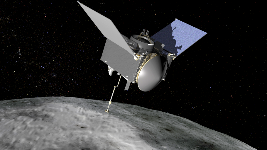 Illustration of the OSIRIS-REx spacecraft orbiting the asteroid Bennu. 