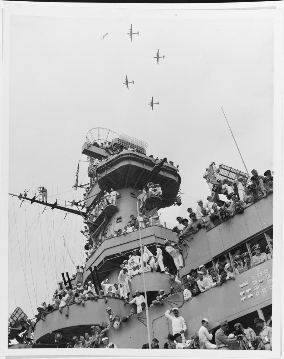 B-29 Superfortresses fly over the USS Missouri