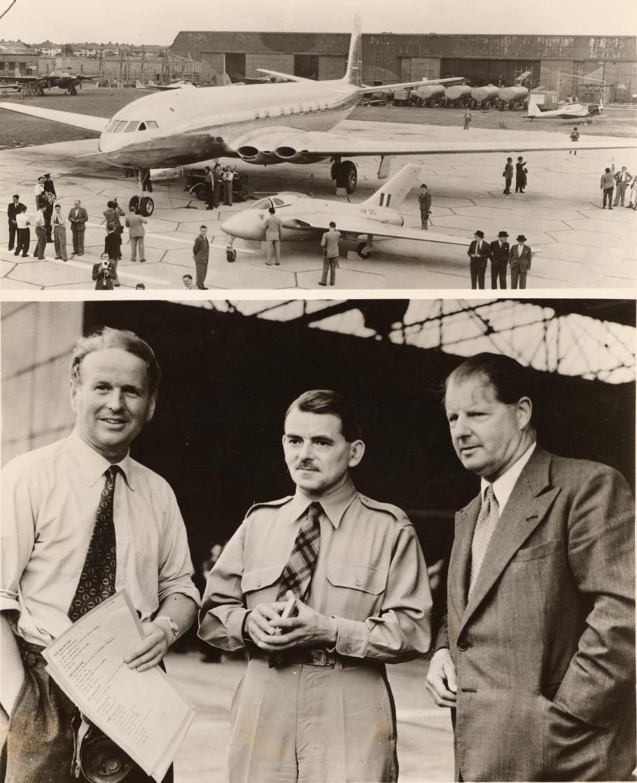 Aircraft and three men posed