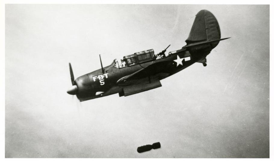 SB2C-5 in a training unit circa 1945 shows off the bomb bay doors and the retracted “turtleback” 