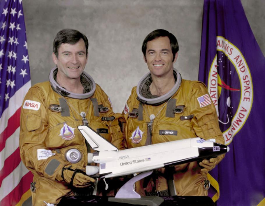 Astronauts John W. Young (left), commander, and Robert L. Crippen, pilot, part of the first STS-1 program. 