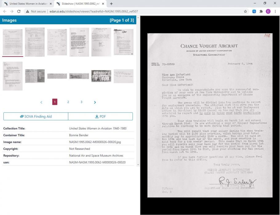 Screen capture of collection slideshow. Upper left corner shows thumbnails of multiple documents. Bottom left has metadata. Right side of screen is a larger version of an individual document.
