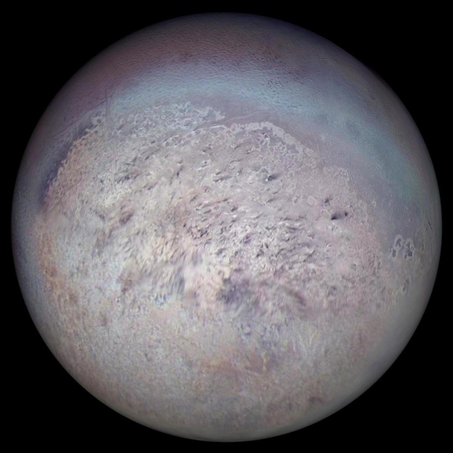 Neptune’s largest moon Triton, with the south pole in focus. 