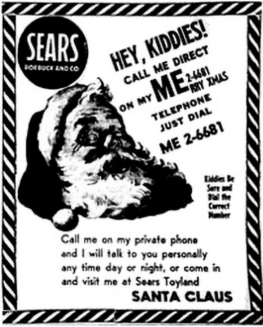 An advertisement inviting kids to call Santa Claus on his personal phone