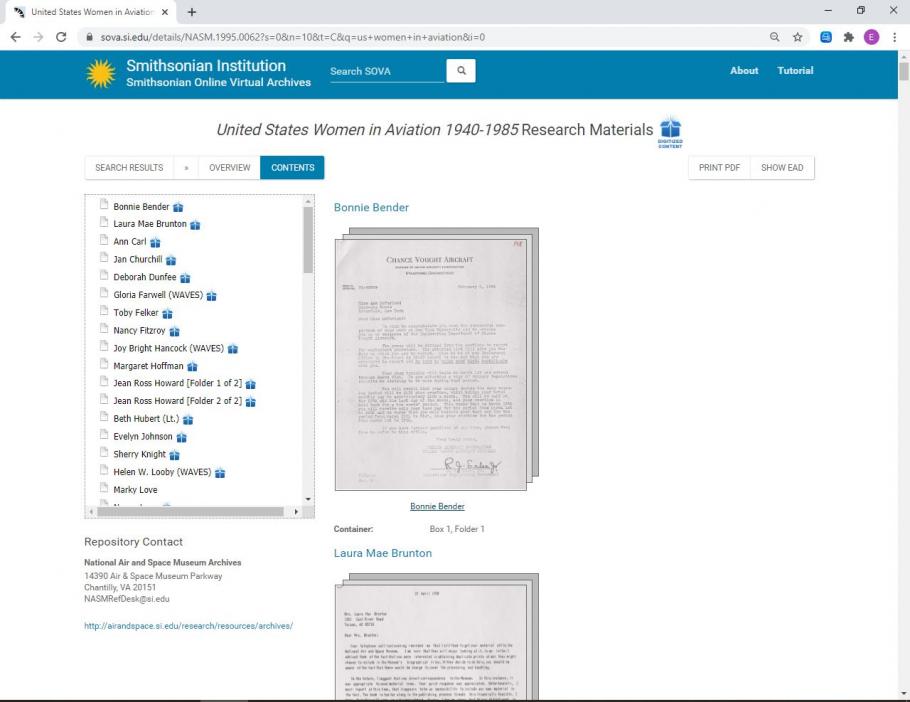 Screenshot of a collection record content view on the Smithsonian Online Virtual Archives. Menu bar on left, Collection information in center, several images of documents on right.