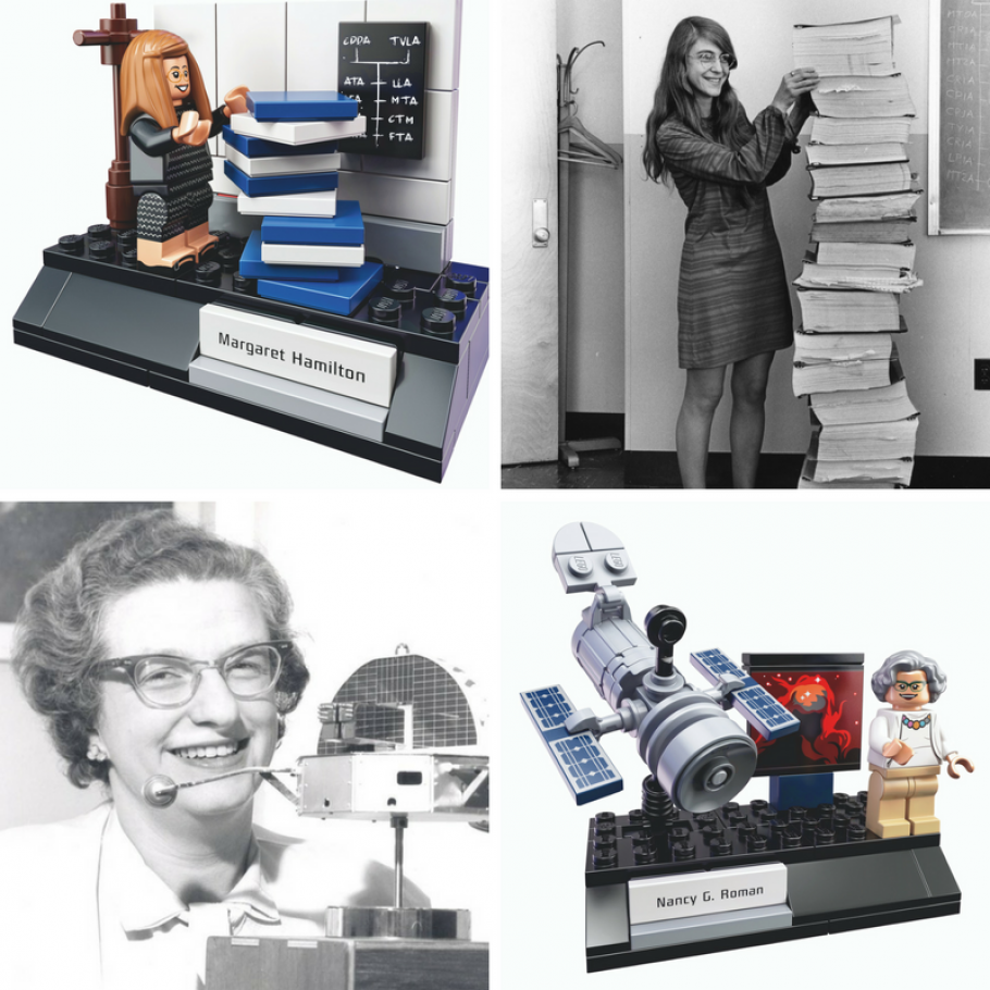A photo of scientists Nancy Grace Roman and Margaret Hamilton, featured in the "Women of NASA" LEGO set.