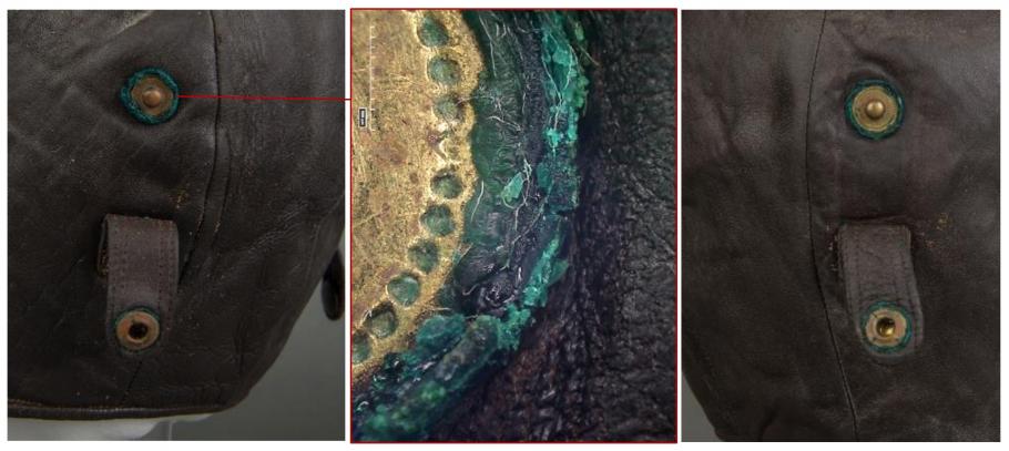 Verdigris corrosion on goggle snap fasteners