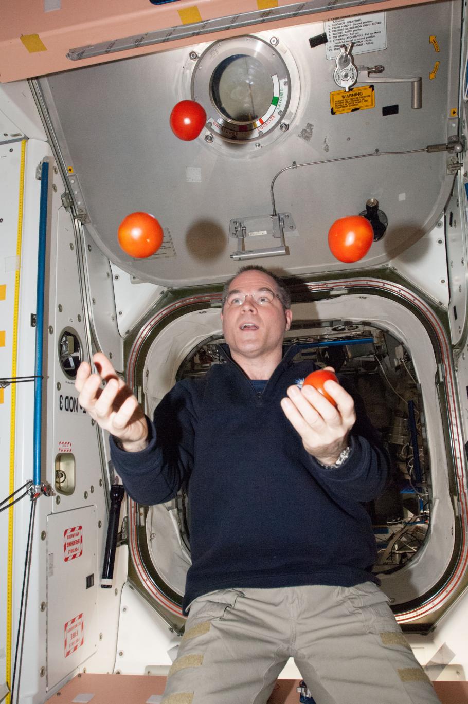 Expedition 34 Commander Kevin Ford juggles some tomatoes from a resupply spacecraft while aboard the ISS, 2013.