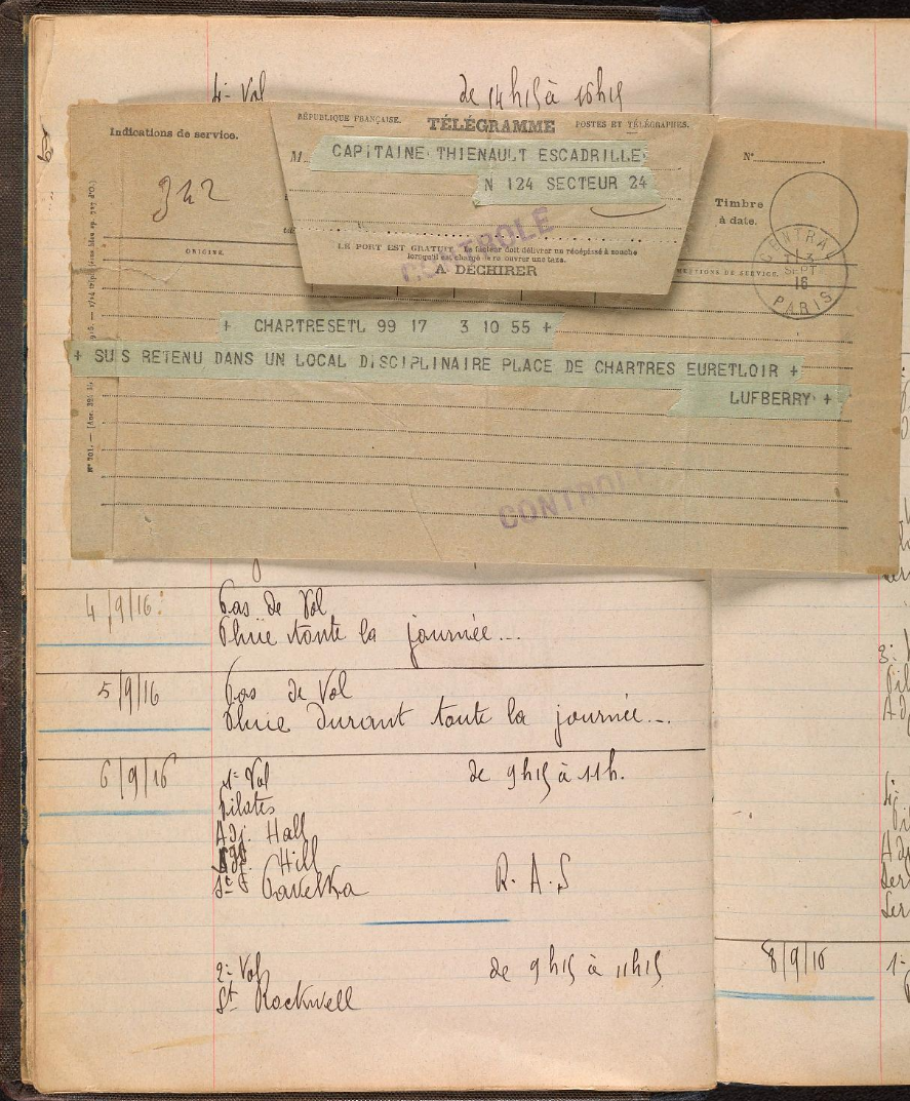 Page of Lafayette Escadrille logbook with telegram to Captain Thenault