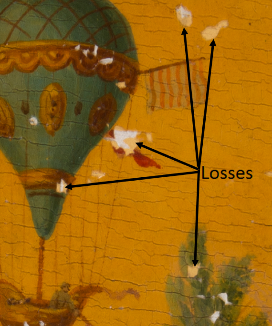 An image detailing the losses to the paint layer as indicated by the arrows.
