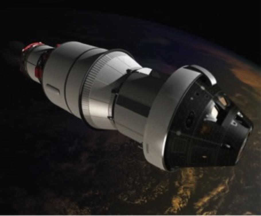Orion in orbit showing crew module on the right
