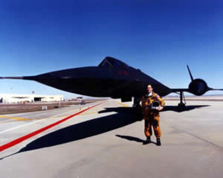 Phil Soucy stands in front of the SR-71