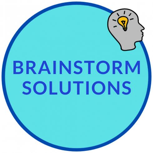 A circle with the words "Brainstorm Solutions" inside. On the upper right section of the circle is a picture of a head with a lightbulb inside.