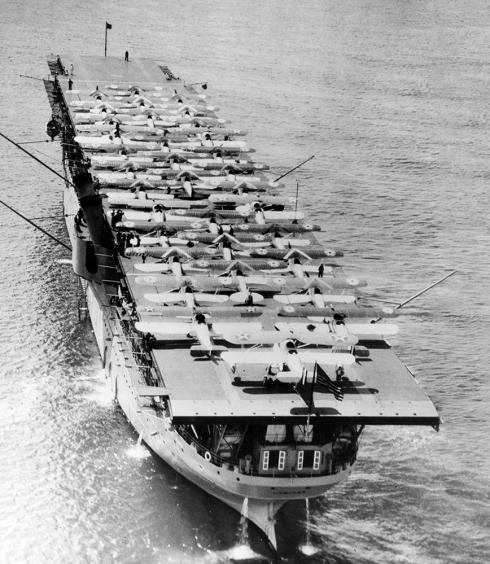 USS Langley with aircraft packed on its fight deck