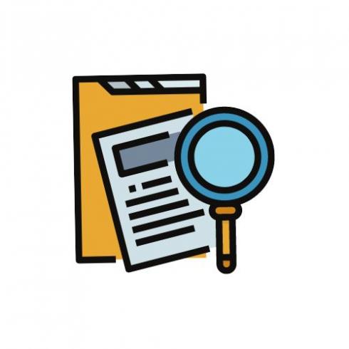 A graphic of a folder, piece of paper, and magnifying glass. 